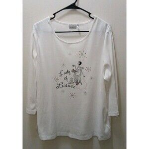 Nicole Miller White Womens 3/4 Sleeve White T-shirt Graphic "Lady Of Leisure" 1X